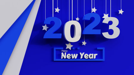 2023 new year greeting background art 3d rendering, blue abstract backdrop for new year festival 3d...