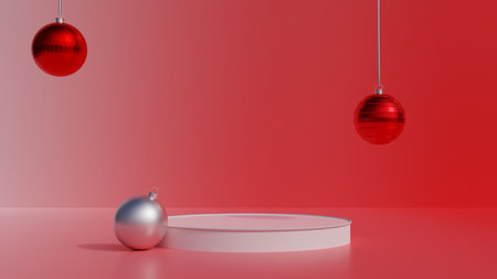 white podium on red and white gradient wall 3d illustration concept design, concept for cosmetic or Christmas product showcase and advertising on social media, empty product podium on red floor 3dの写真素材