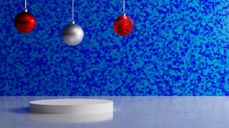 empty white podium front of blue wall 3d render scene, realistic 3d podium illustration for product showcase or presentation and advertisement, product showcase stage for Christmas product 3dの写真素材