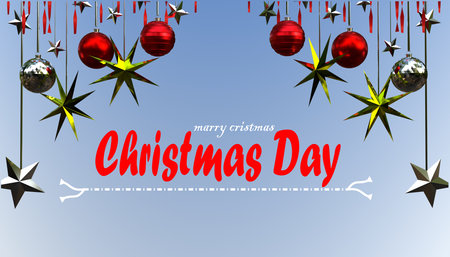 Christmas day celebration greeting banner background design 3d rendering, decorative Christmas greeting background in 3d illustration, typography Xmas banner design backdrop 3dの写真素材