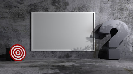 empty frame for goal getting or business FAQ in 3d render environment, blank frame on concrete wall in 3d, concept design for ads or business presentation and copy spaceの写真素材