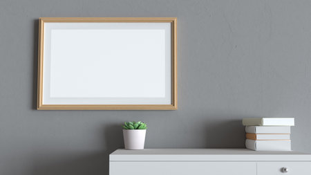 <p>empty frame in 3d render living room, mock up or copy space backdrop in 3d illustration, indoor render scene with minimal concept design, best use for ads or product presentation</p>の写真素材