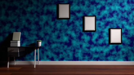 room interior design 3d illustration for showcase or get inspiration for interior design, room wall with empty photo frames on blue wall 3d render scene, minimal decorative modern room concept designの写真素材