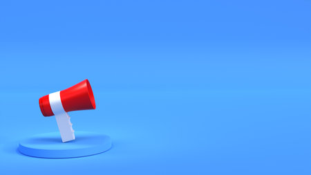 announcement banner design in 3d illustration, isolated hand speaker mic 3d render equipment for advertising or sale announcement, 3d background for sale or product presentationの写真素材