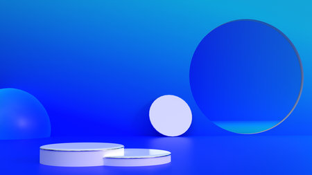 white podium on blue and sky blue gradient wall 3d illustration concept design, concept for cosmetic or skin care product showcase and advertising on social media, empty product podiumの写真素材