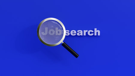 3d magnifying glass presenting concept of job search 3d illustration, concept art for job search or unemployment or find job in life, isolated job search with help or magnifying glass on blue backdropの写真素材