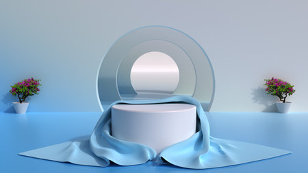 sky blue calming podium design for product showcase in 3d rendering backdrop design, abstract concept design for cosmetic product showcase or advertising product 3d illustration, best use in adsの写真素材