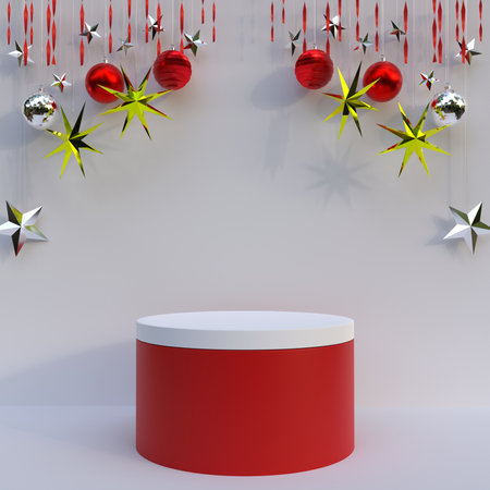 empty podium 3d illustration for Christmas product presentation background, decorative stage concept design with red balls in 3d render, blank abstract background for advertising and social presenceの写真素材