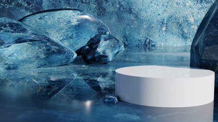 podium on ice 3d render podium for skin care product promotion, skin care and health care product backdrop for advertising product, minimal concept design for promotionの写真素材
