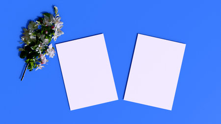 empty space for brand design, two greeting space with flower, mock up for invitation card and postcardの写真素材