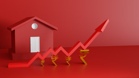 red house with red arrow concept design for inflation in housing industry 3d render, 3d background design for inflation and increase rate in get loan for housing, concept for real estate interest rateの写真素材