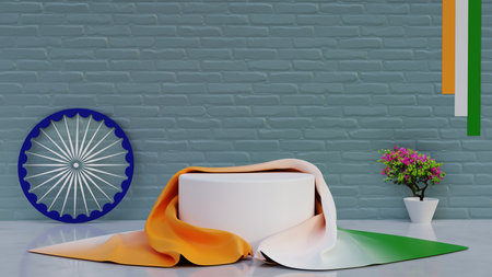 realistic product podium for Indian republic day 3d illustration design, empty podium for product showcase of republic day festival, concept design for republic day festival sale with ashok chakaraの写真素材
