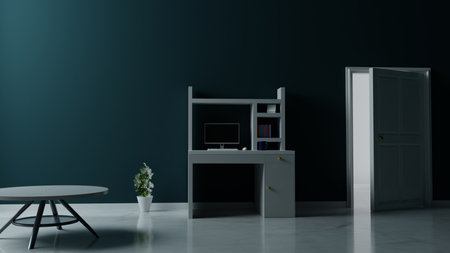 3d rendering empty clean house inside, clean creative room decor idea less lighting example 3d illustration image, empty wooden table in room with less lightの写真素材