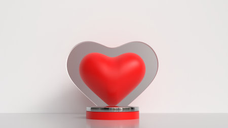 Empty podium with silver effect for valentines day product promotion online ads on social media, isolated beautiful red color love backdrop scene for advertising and as banner adsの写真素材