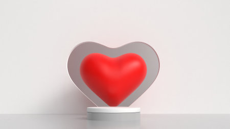 Empty podium for valentines day product promotion online ads on social media, isolated beautiful red color love backdrop scene for advertising and as banner adsの写真素材