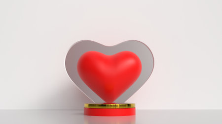 Empty podium with gold effect for valentines day product promotion online ads on social media, isolated beautiful red color love backdrop scene for advertising and as banner adsの写真素材