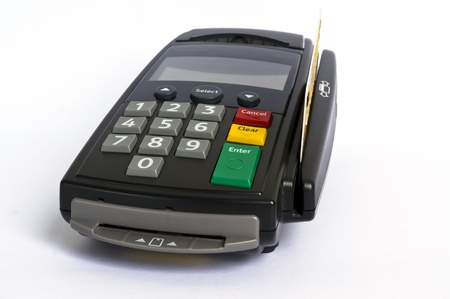 Credit card and card  reader on white backgroundの写真素材