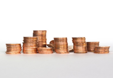 stack of copper coins ,display on white background not isolatedの写真素材