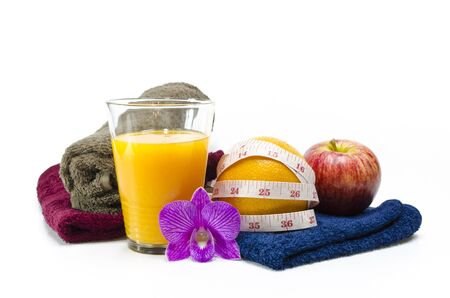 healthy eating and tape measurement,isolated on white   Concept for good healthの写真素材