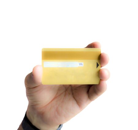 Handing credit card , isolated on white backgroundの写真素材