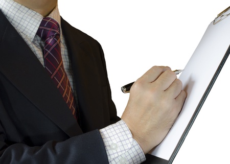 Businessman Holding and writing a blank clipboard  ,isolated on white backgroundの写真素材