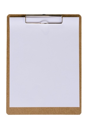 Blank white paper on brown clipboard,isolated on white backgroundの写真素材