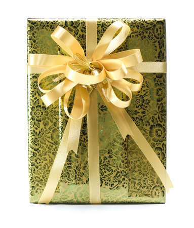 Gift box with Yellow ribbon, isolated on white backgroundの写真素材