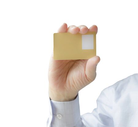 hand holding blank credit card , isolated on white backgroundの写真素材