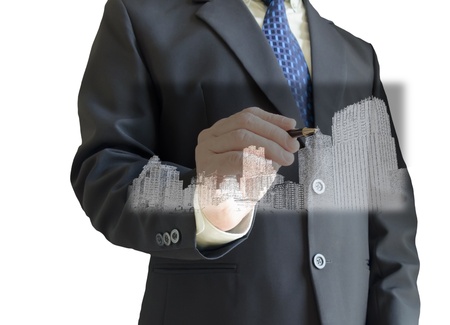 business man drawing a construction model on virtual screen,isolated on white backgroundの写真素材