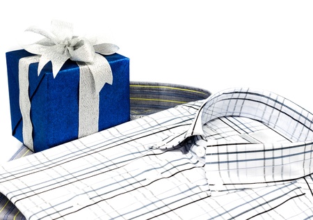 Men's shirt and gift box,isolated on white backgroundの写真素材