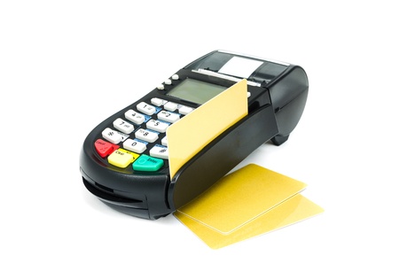 Credit card and Card reader machine,isolated on white backgroundの写真素材