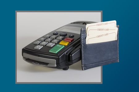 Credit card reader machine and blank cfredit card , isolated background objectの写真素材