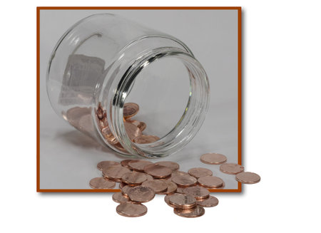copper coins out of glass jar , isolated on white background