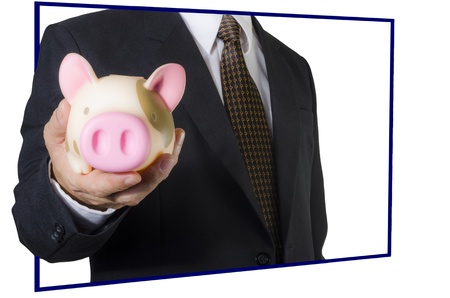 Businessman with piggybank , isolated on white backgroundの写真素材