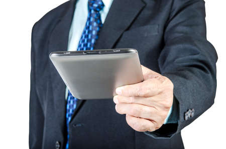 Businessman hand holding and using digital tablet, isolated on white backgroundの写真素材