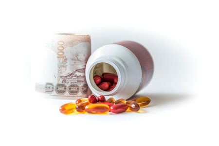 Drugs pills and dietary supplement capsules and money   Cost of healthcare and medicine