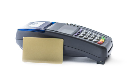 Credit card and card reader machine isolated on white backgroundの写真素材