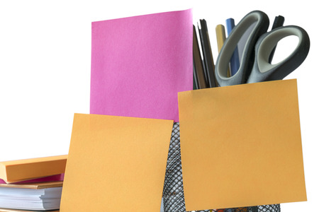 Sticky note and office supplies isolated on white backgroundの写真素材