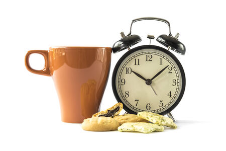 coffee , cookies and alarm clock on white background : Concept for time to breakの写真素材