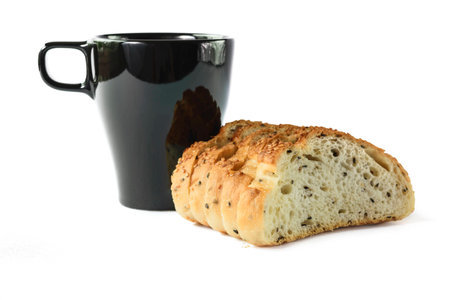 Multi-grain bread and coffee , Isolated on white backgroundの写真素材