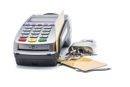 Credit card and card reader machine with key , Isolated on white backgroundの写真素材