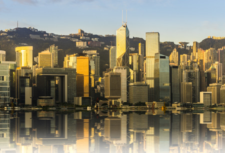 Hong Kong harbour view with clear reflection in the morningの写真素材
