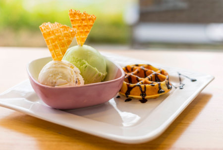 Waffle with ice cream and chocolate