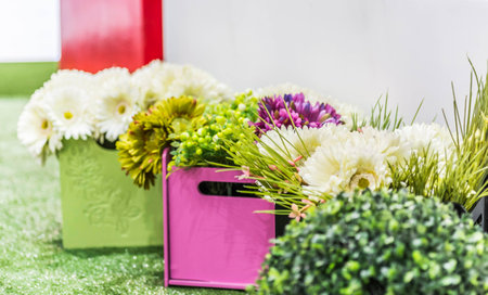 Close up of colorful artificial flowers