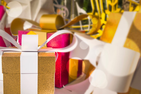 Christmas gift boxes with background defocusの写真素材