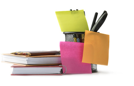 Sticky note and office supplies isolated on white backgroundの写真素材