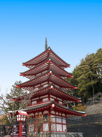 Five stories red pagoda, Chureito, is landmark near Mt.Fuji  in Kawaguchiko in Japanのeditorial素材