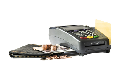 Credit card reader and Money , Isolated on white backgroundの写真素材