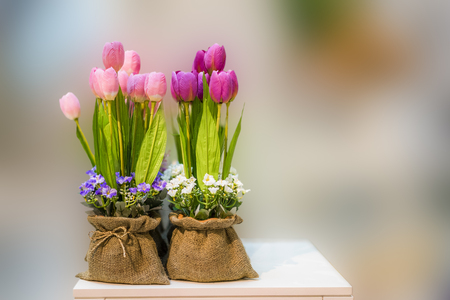Artificial Flowers decoration on blurred backgroundの写真素材