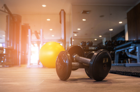 Aerobic Fitball and Dummbell on the floor in the morning.の写真素材